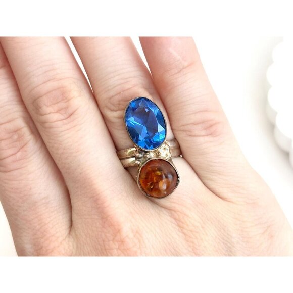 Blue Topaz Baltic Ambe Gemstone Modernist Sterling Silver Vintage Ring sz 5.75 - Picture 9 of 10